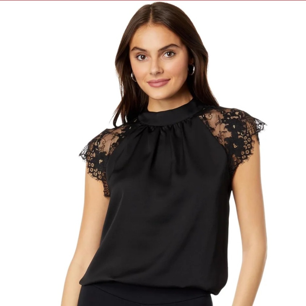 NEW Vince Camino Mock Neck Black Lace Cap Sleeve Blouse w/ Tags